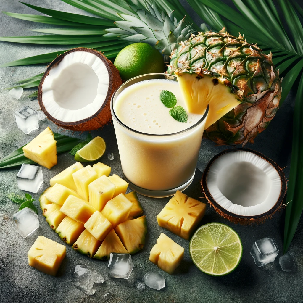 a glass of milk with a pineapple and coconuts